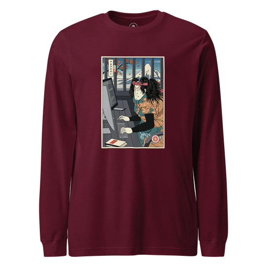 Samurai Programmer 3 Computer Science Ukiyo-e Unisex Long Sleeve Tee Maroon - Samurai Original