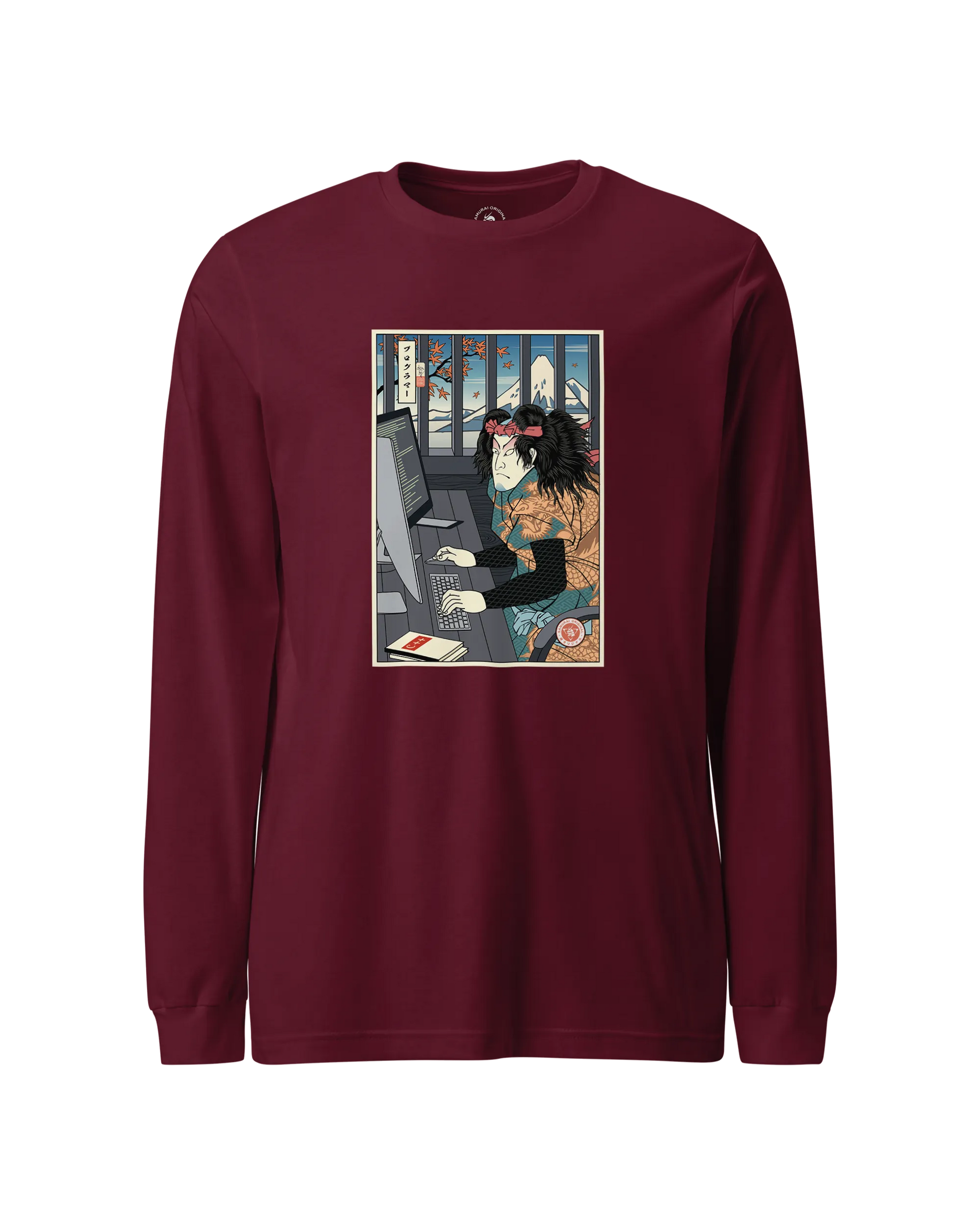 Samurai Programmer 3 Computer Science Ukiyo-e Unisex Long Sleeve Tee Maroon - Samurai Original
