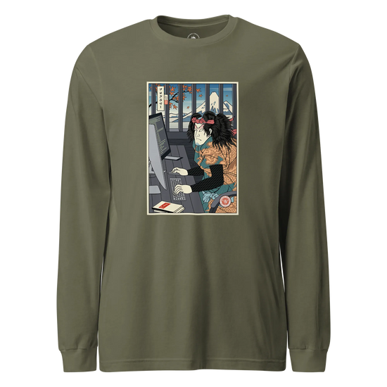Samurai Programmer 3 Computer Science Ukiyo-e Unisex Long Sleeve Tee Military Green - Samurai Original