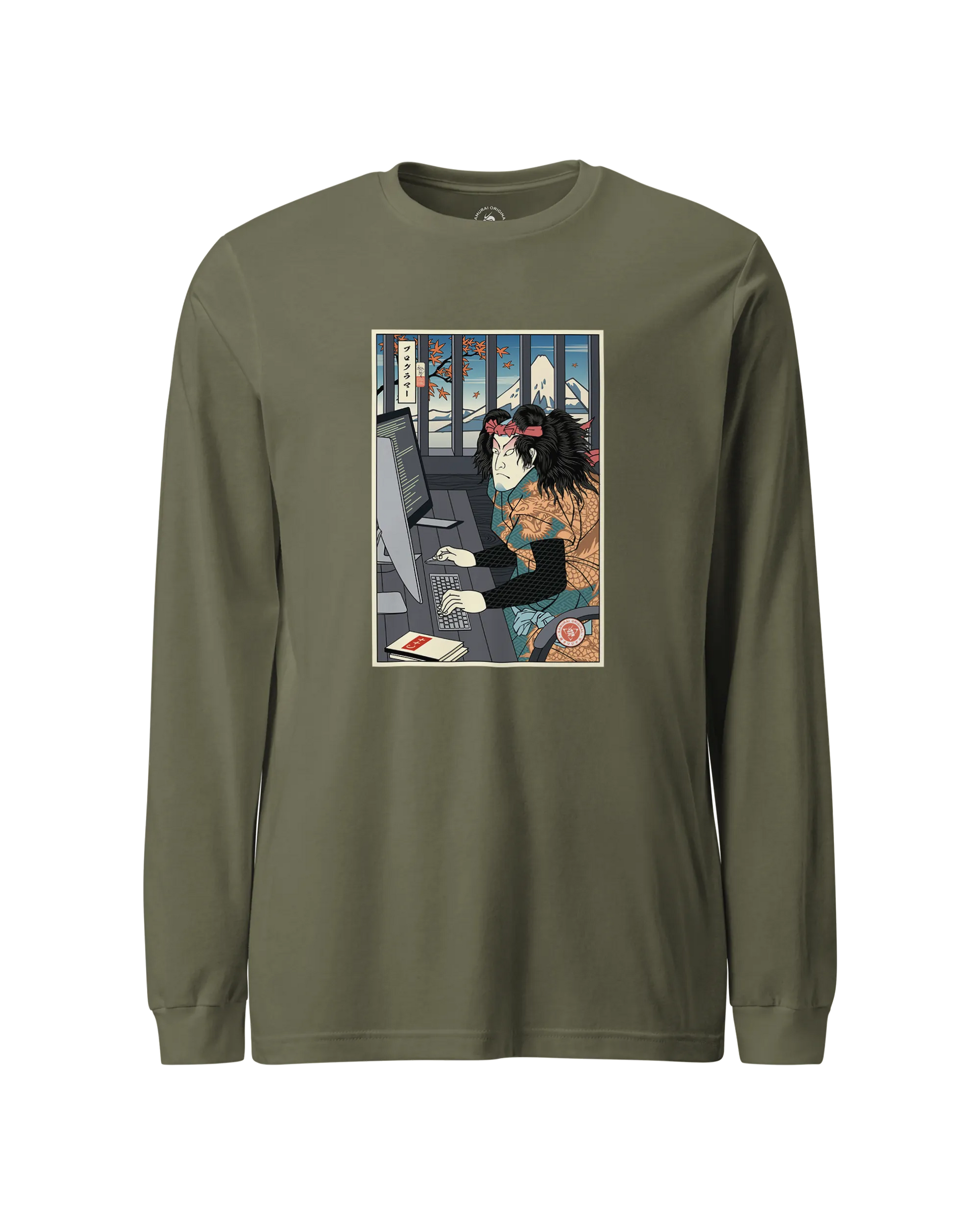 Samurai Programmer 3 Computer Science Ukiyo-e Unisex Long Sleeve Tee Military Green - Samurai Original