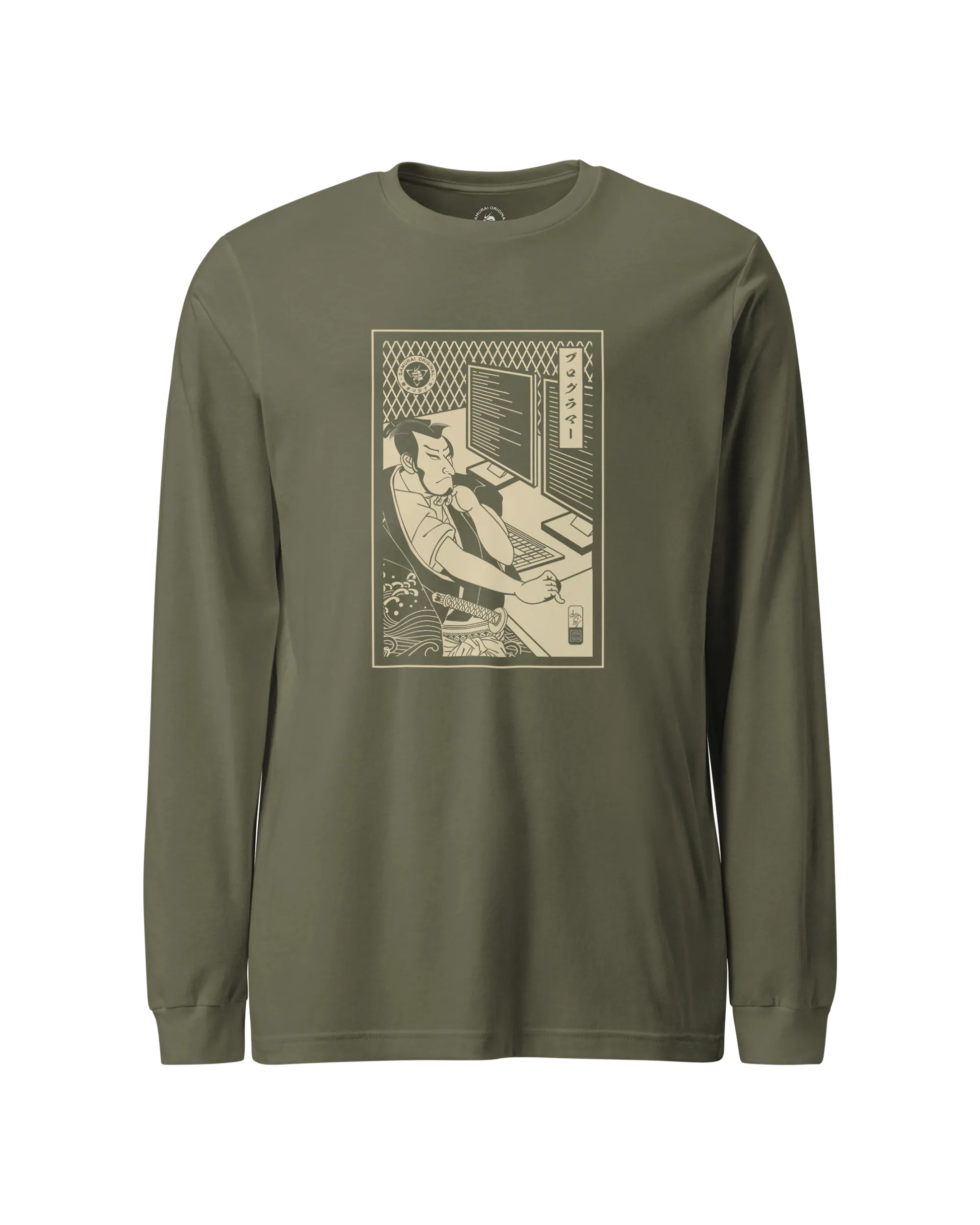 Samurai Programmer Computer Science Ukiyo-e Unisex Long Sleeve Tee Military Green - Samurai Original
