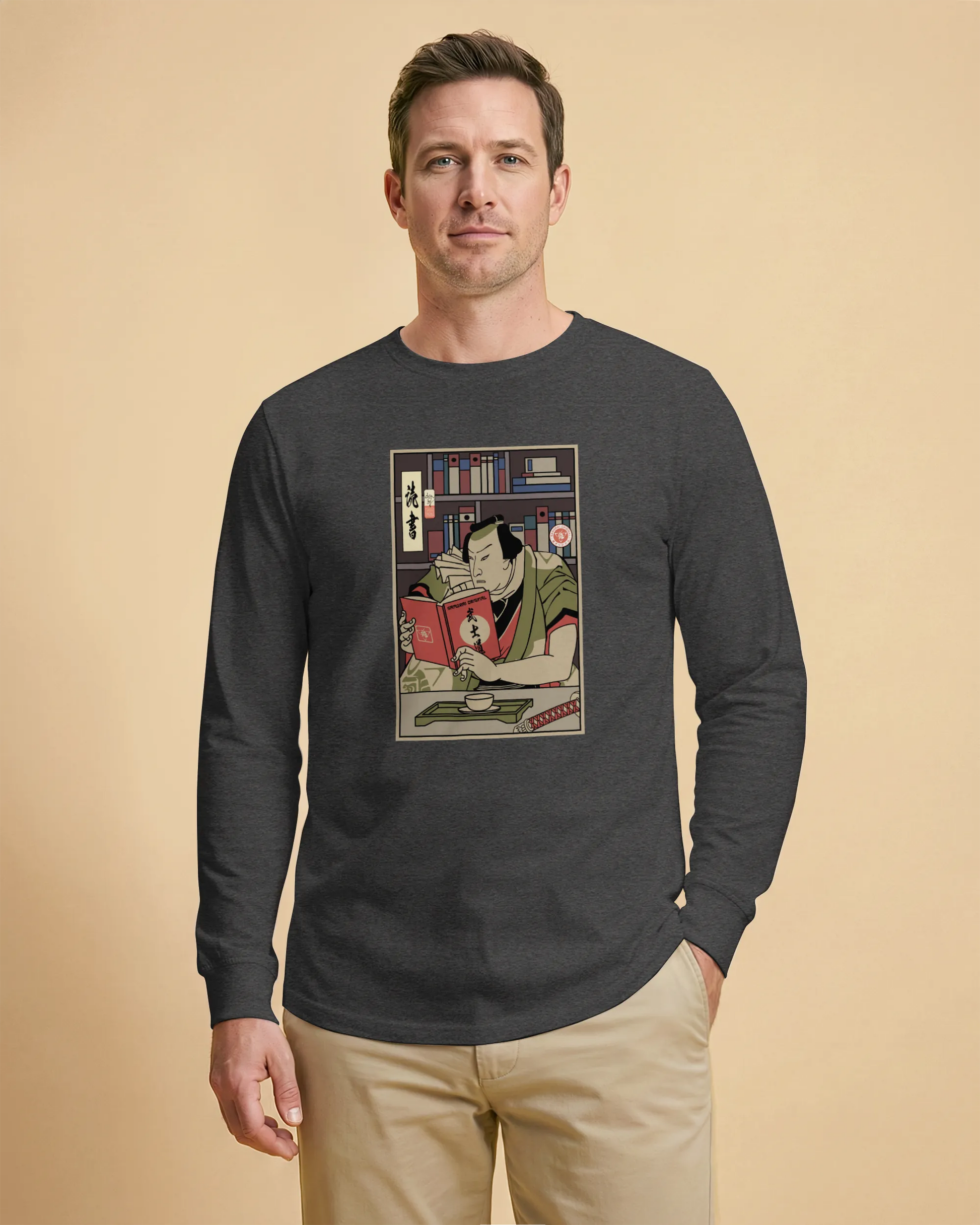 Samurai Reading Books Library Ukiyo-e Unisex Long Sleeve Tee - Samurai Original