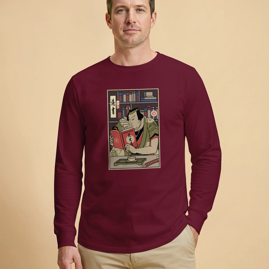 Samurai Reading Books Library Ukiyo-e Unisex Long Sleeve Tee - Samurai Original