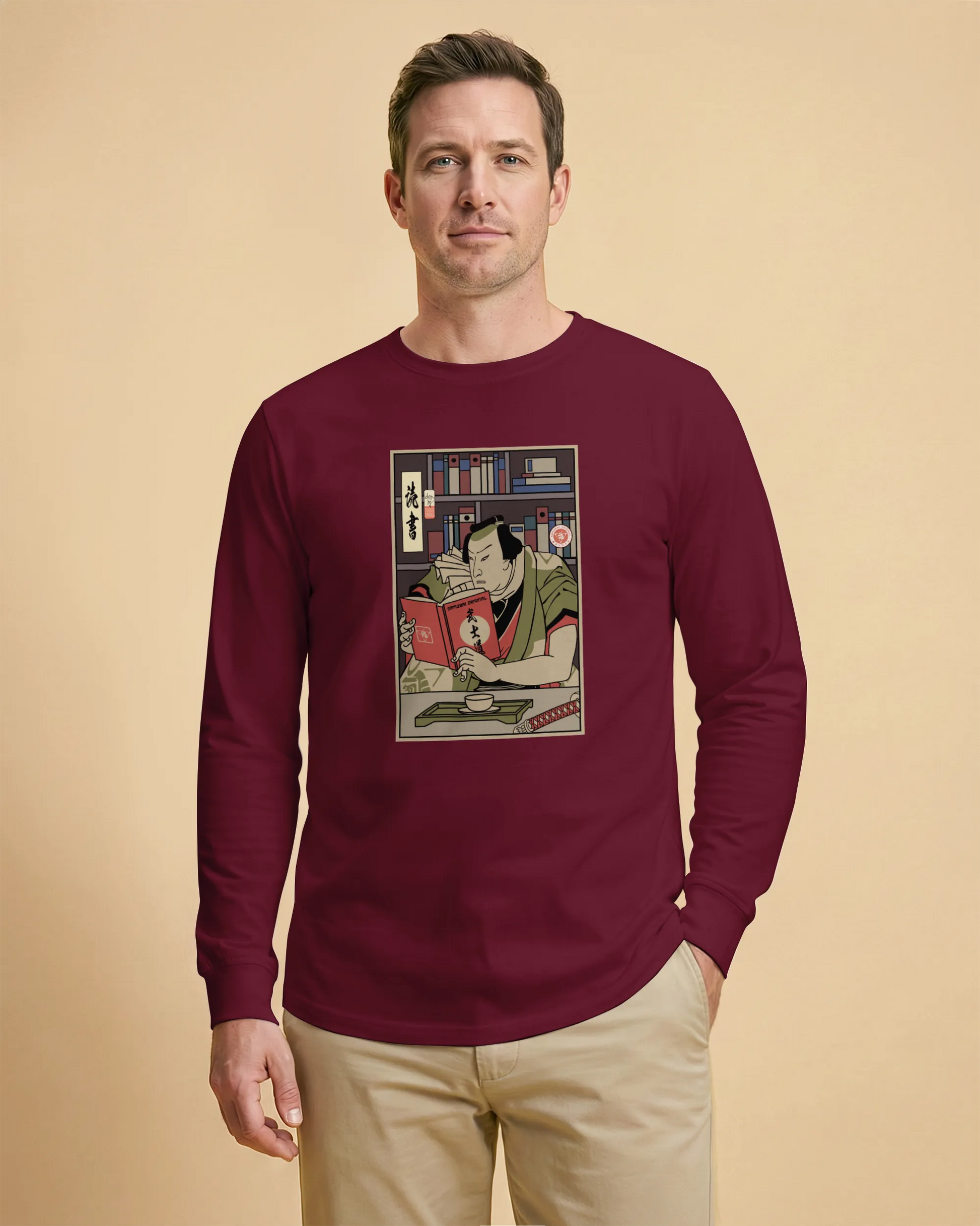 Samurai Reading Books Library Ukiyo-e Unisex Long Sleeve Tee - Samurai Original