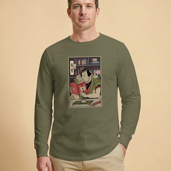 Samurai Reading Books Library Ukiyo-e Unisex Long Sleeve Tee - Samurai Original