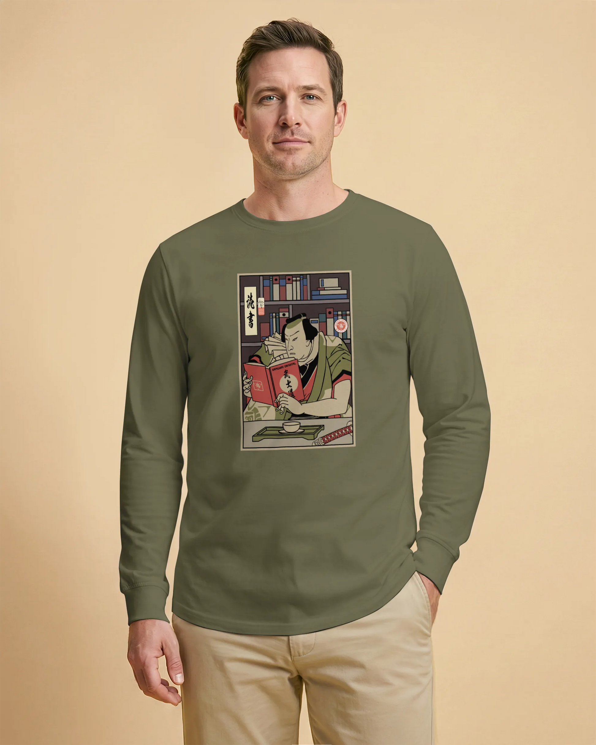 Samurai Reading Books Library Ukiyo-e Unisex Long Sleeve Tee - Samurai Original