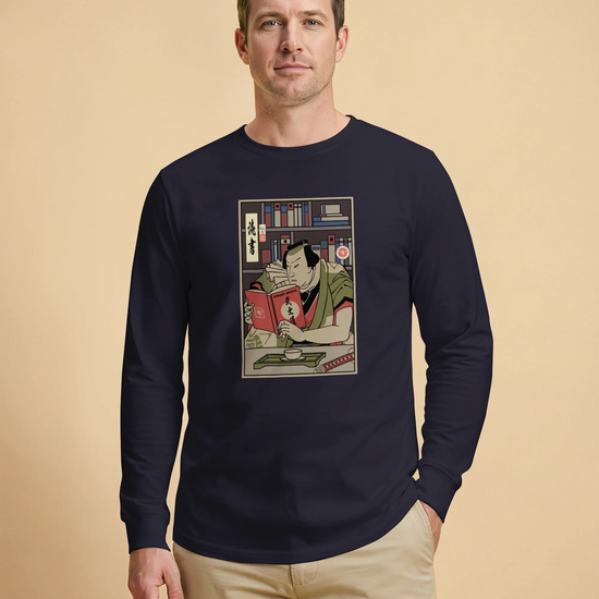 Samurai Reading Books Library Ukiyo-e Unisex Long Sleeve Tee - Samurai Original