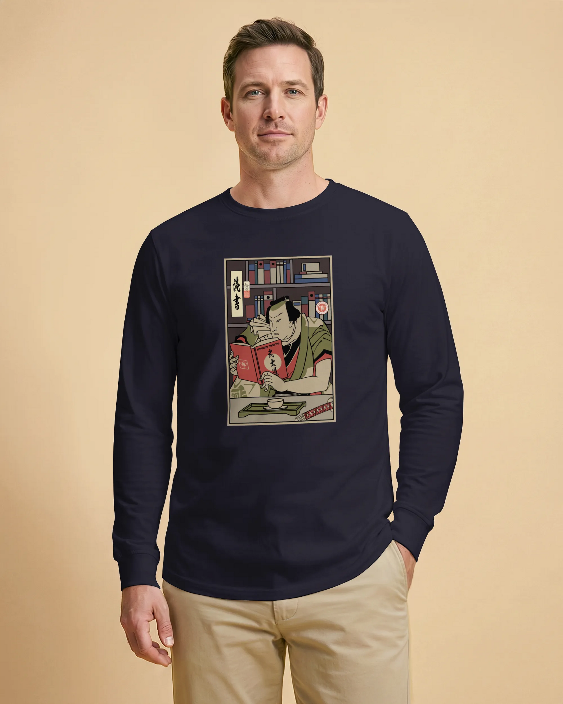 Samurai Reading Books Library Ukiyo-e Unisex Long Sleeve Tee - Samurai Original