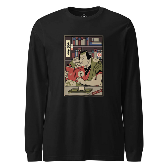 Samurai Reading Books Library Ukiyo-e Unisex Long Sleeve Tee Black - Samurai Original