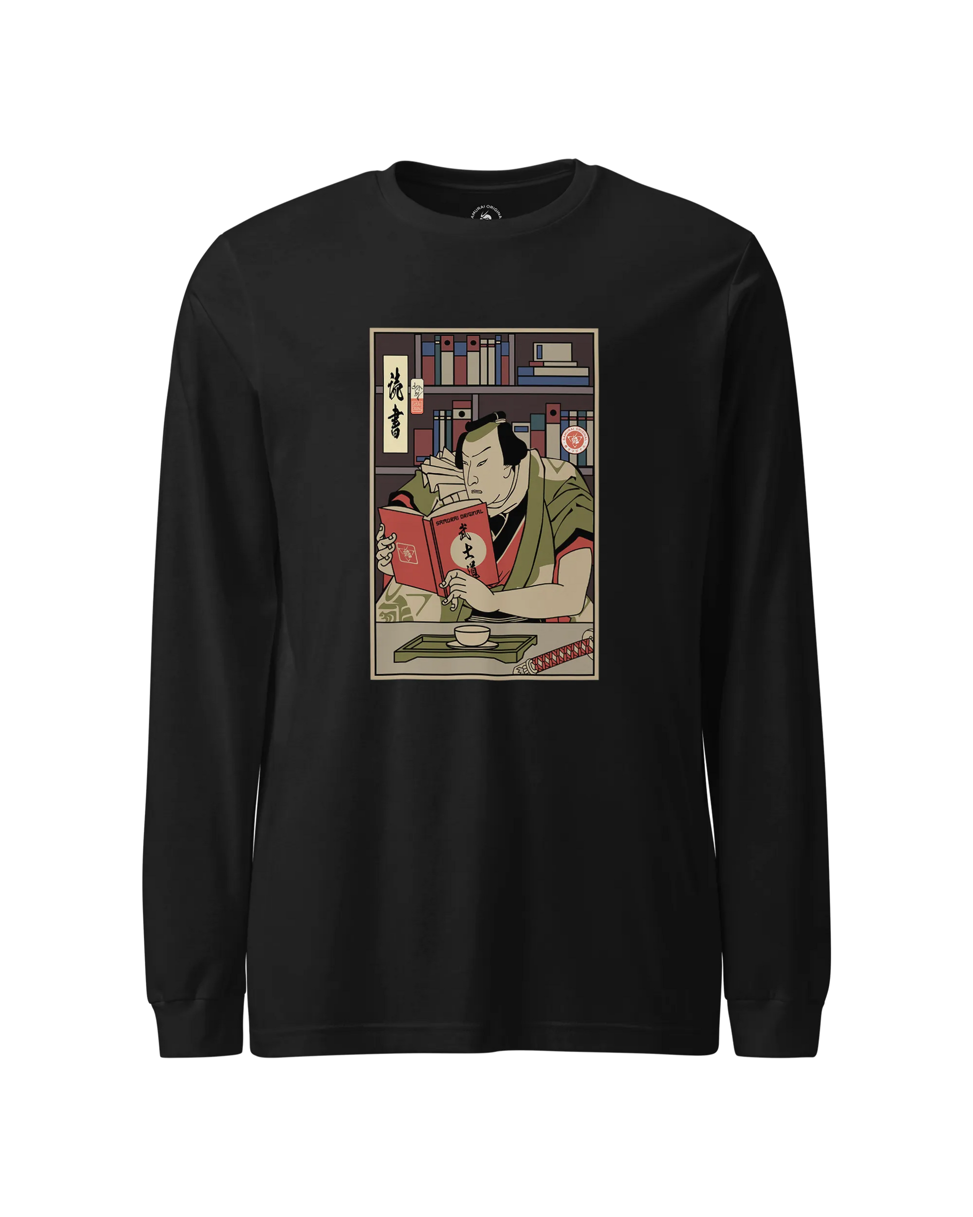 Samurai Reading Books Library Ukiyo-e Unisex Long Sleeve Tee Black - Samurai Original