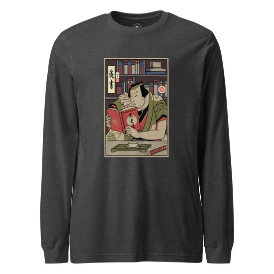 Samurai Reading Books Library Ukiyo-e Unisex Long Sleeve Tee Dark Grey Heather - Samurai Original