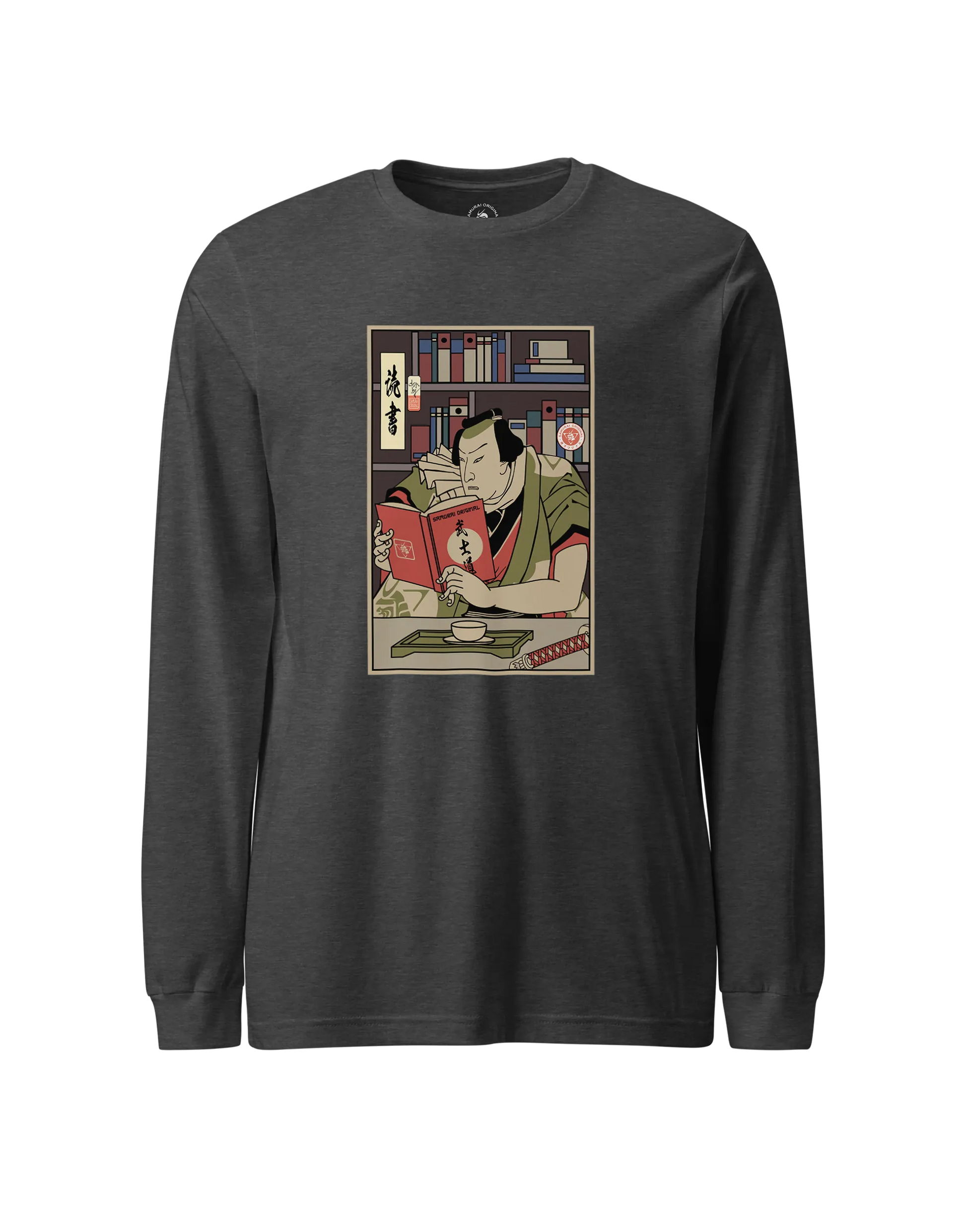 Samurai Reading Books Library Ukiyo-e Unisex Long Sleeve Tee Dark Grey Heather - Samurai Original
