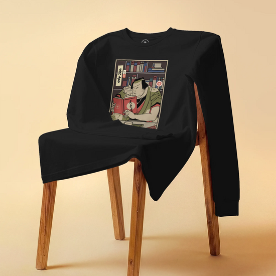 Samurai Reading Books Library Ukiyo-e Unisex Long Sleeve Tee - Samurai Original