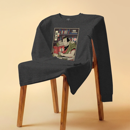 Samurai Reading Books Library Ukiyo-e Unisex Long Sleeve Tee - Samurai Original