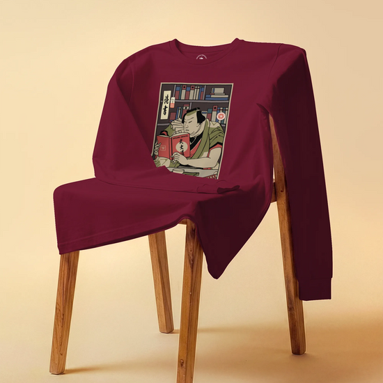 Samurai Reading Books Library Ukiyo-e Unisex Long Sleeve Tee - Samurai Original