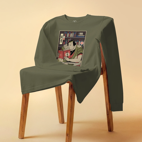 Samurai Reading Books Library Ukiyo-e Unisex Long Sleeve Tee - Samurai Original