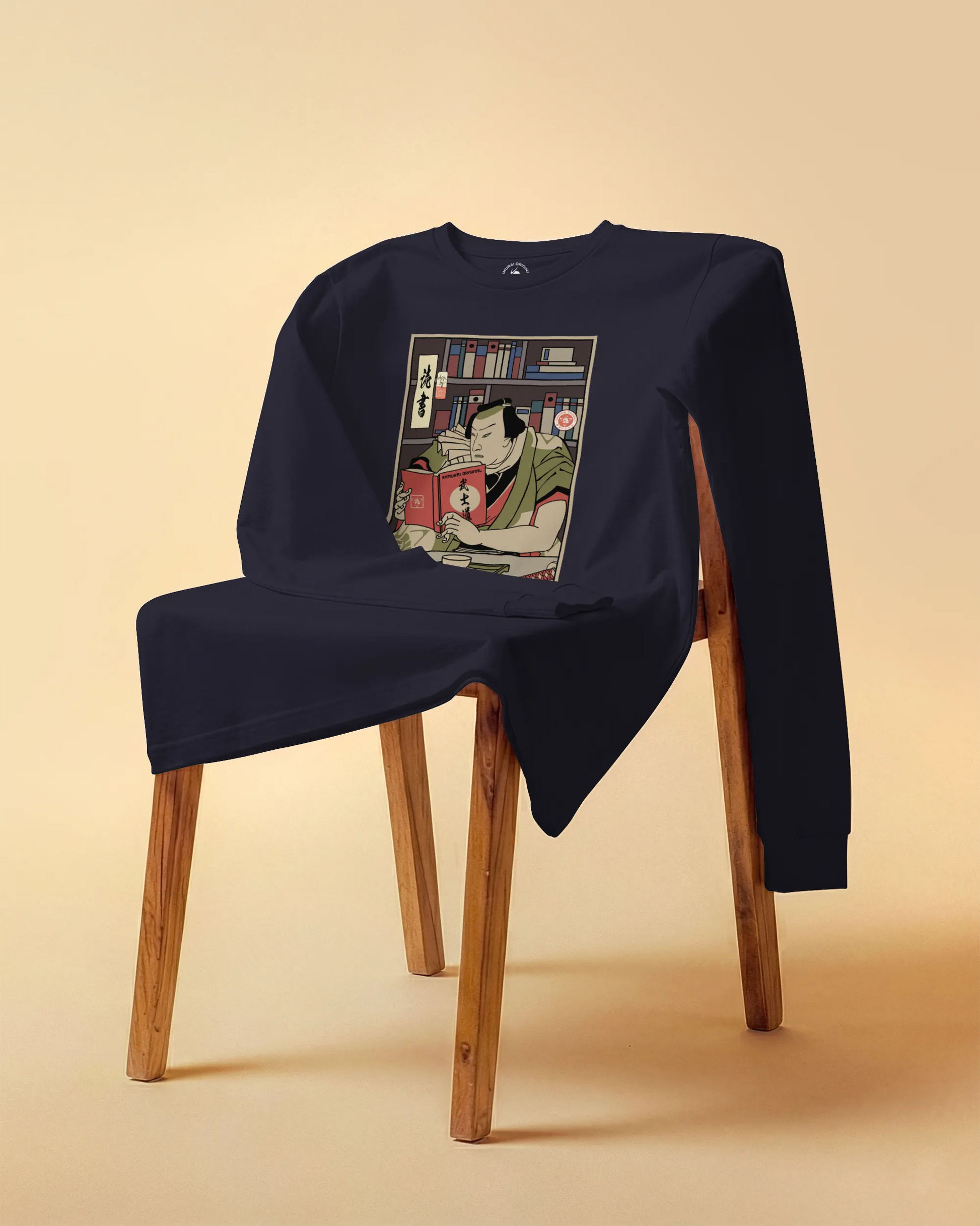 Samurai Reading Books Library Ukiyo-e Unisex Long Sleeve Tee - Samurai Original