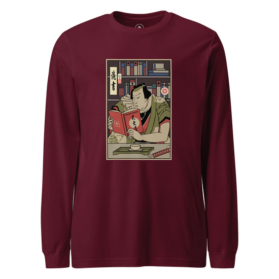 Samurai Reading Books Library Ukiyo-e Unisex Long Sleeve Tee Maroon - Samurai Original