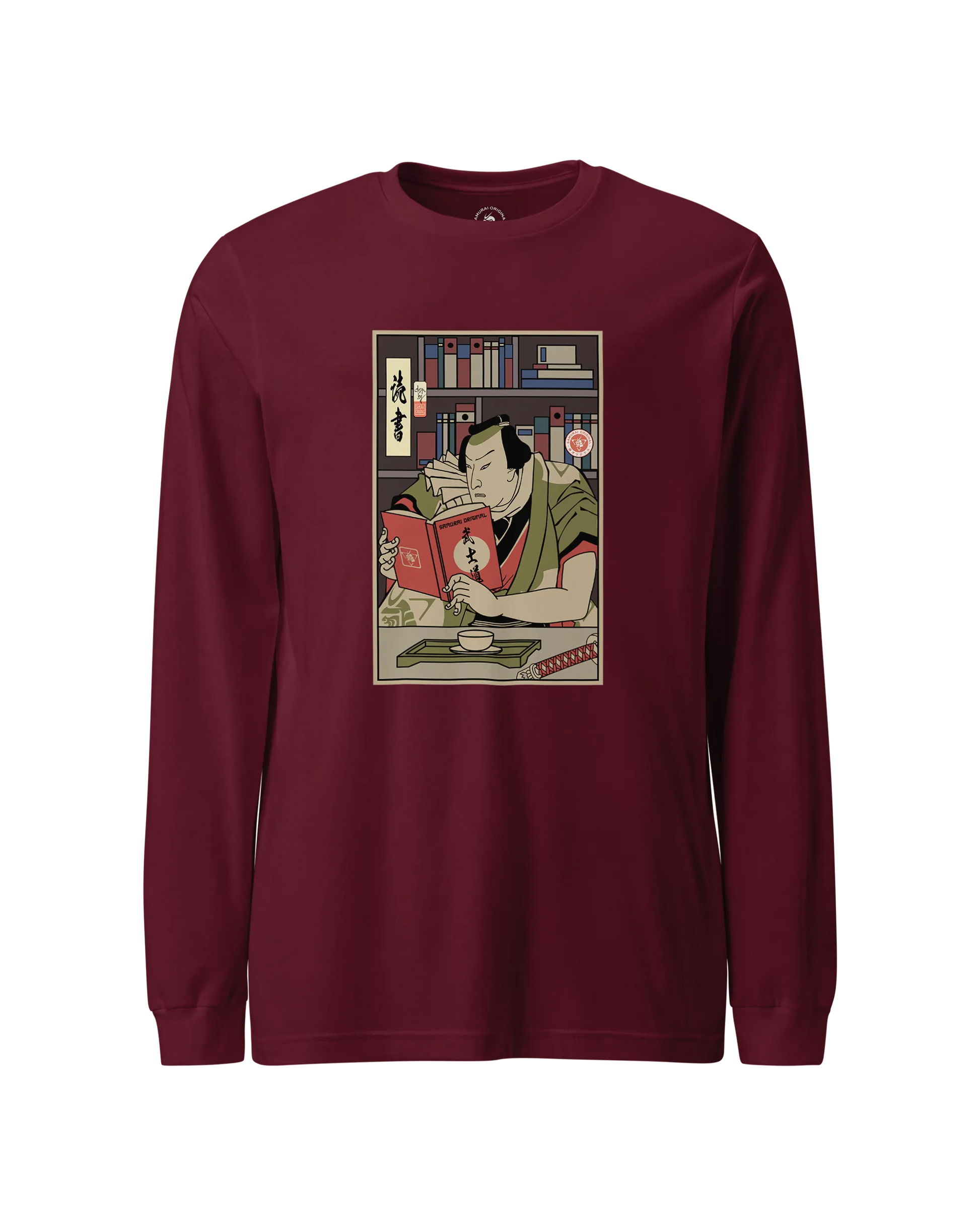 Samurai Reading Books Library Ukiyo-e Unisex Long Sleeve Tee Maroon - Samurai Original