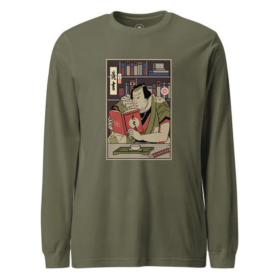 Samurai Reading Books Library Ukiyo-e Unisex Long Sleeve Tee Military Green - Samurai Original