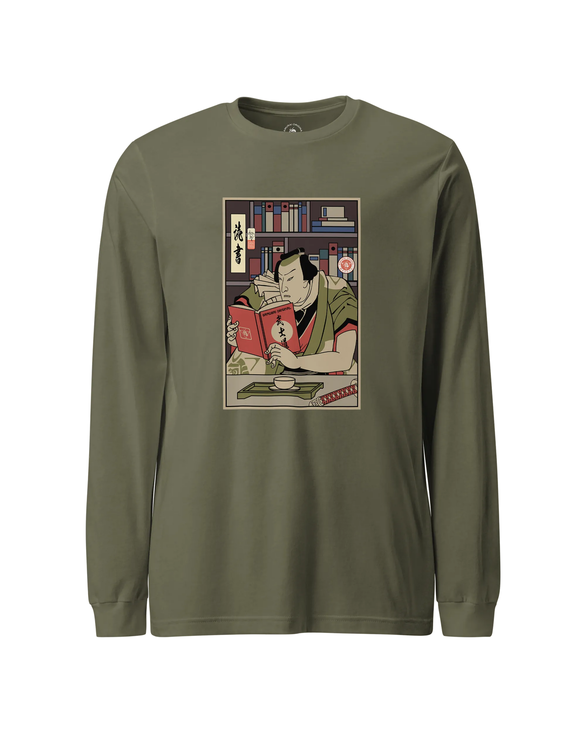 Samurai Reading Books Library Ukiyo-e Unisex Long Sleeve Tee Military Green - Samurai Original