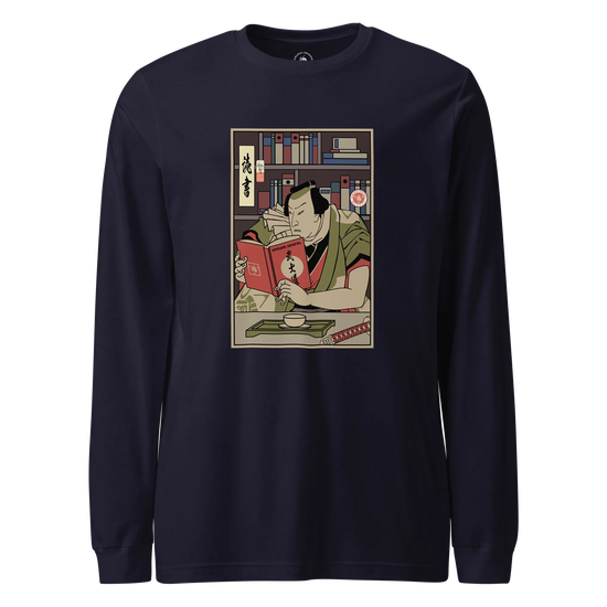 Samurai Reading Books Library Ukiyo-e Unisex Long Sleeve Tee Navy - Samurai Original