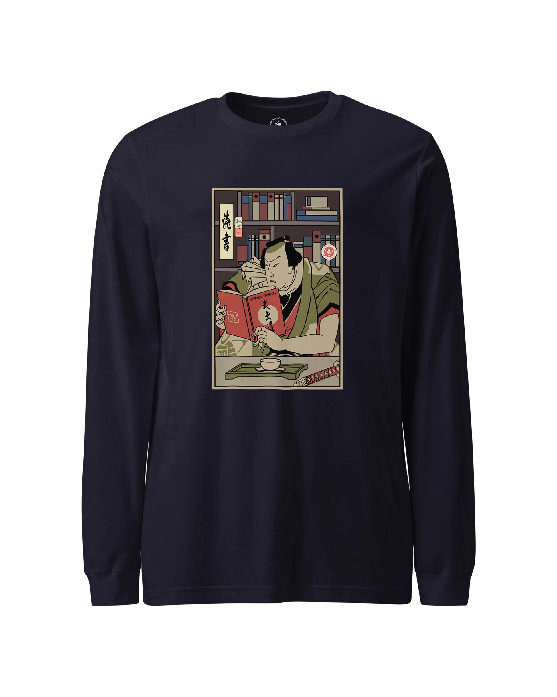 Samurai Reading Books Library Ukiyo-e Unisex Long Sleeve Tee Navy - Samurai Original