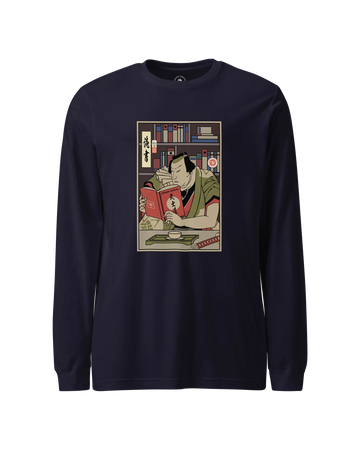 Samurai Reading Books Library Ukiyo-e Unisex Long Sleeve Tee Navy - Samurai Original
