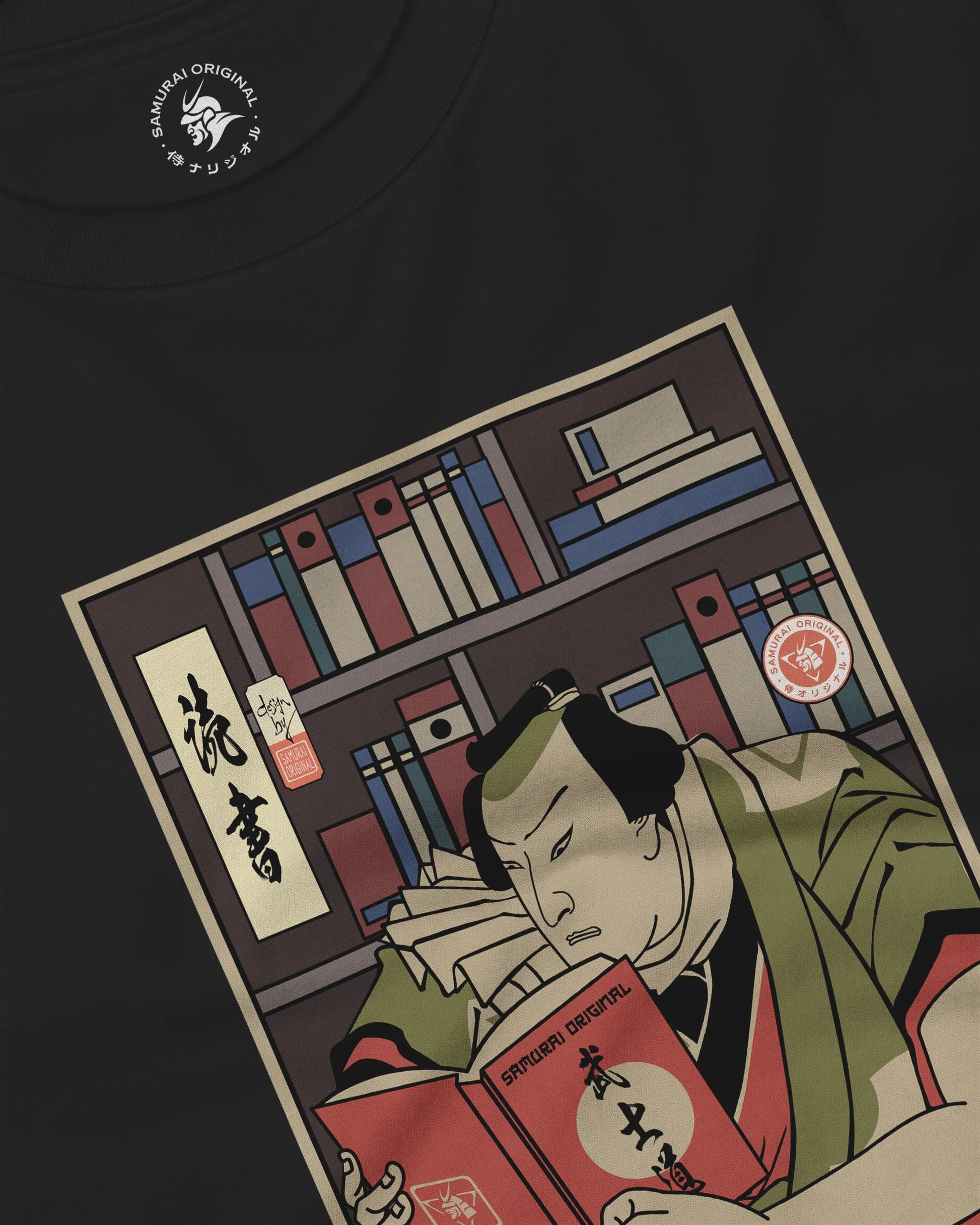 Samurai Reading Books Library Ukiyo-e Unisex Long Sleeve Tee - Samurai Original