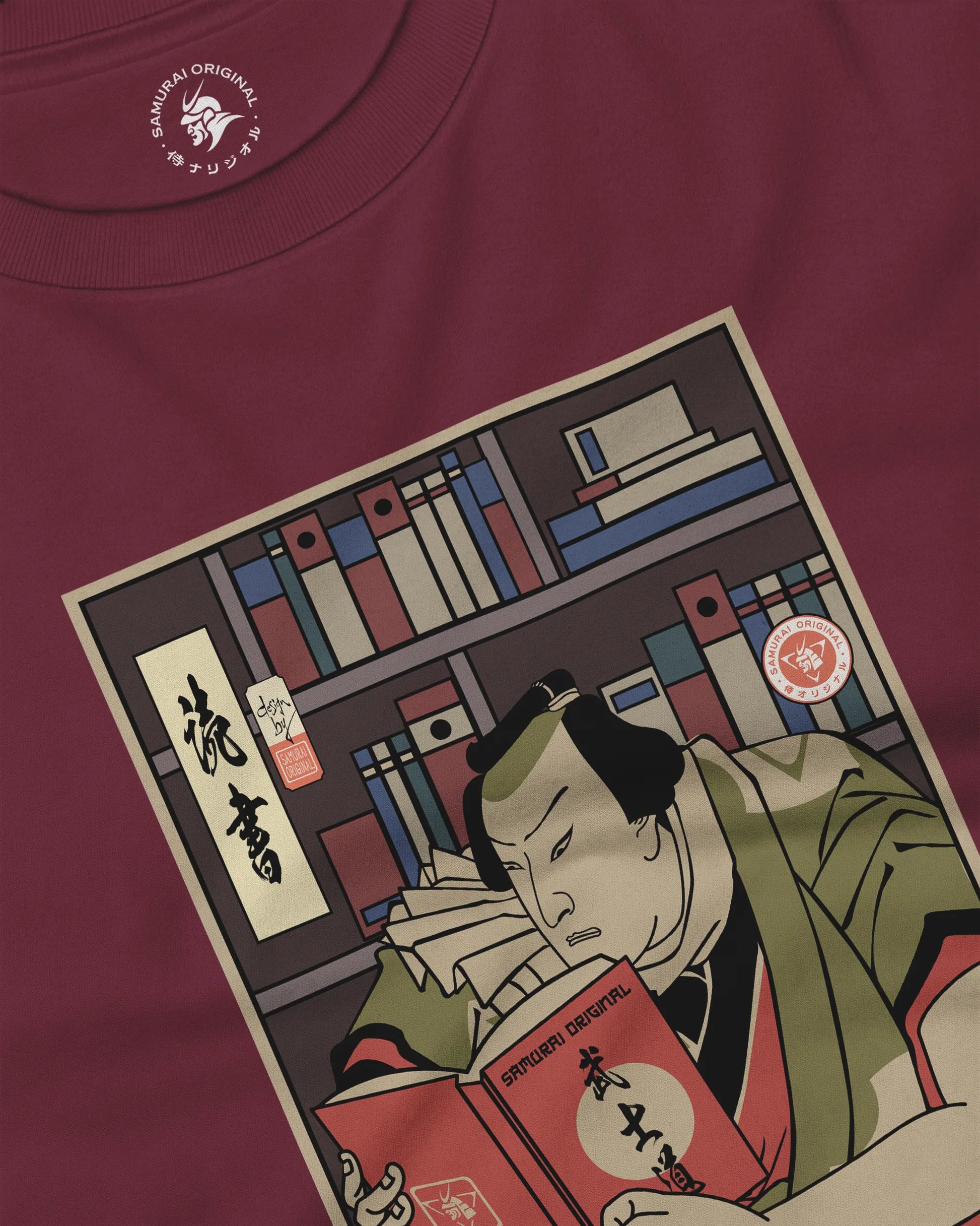 Samurai Reading Books Library Ukiyo-e Unisex Long Sleeve Tee - Samurai Original