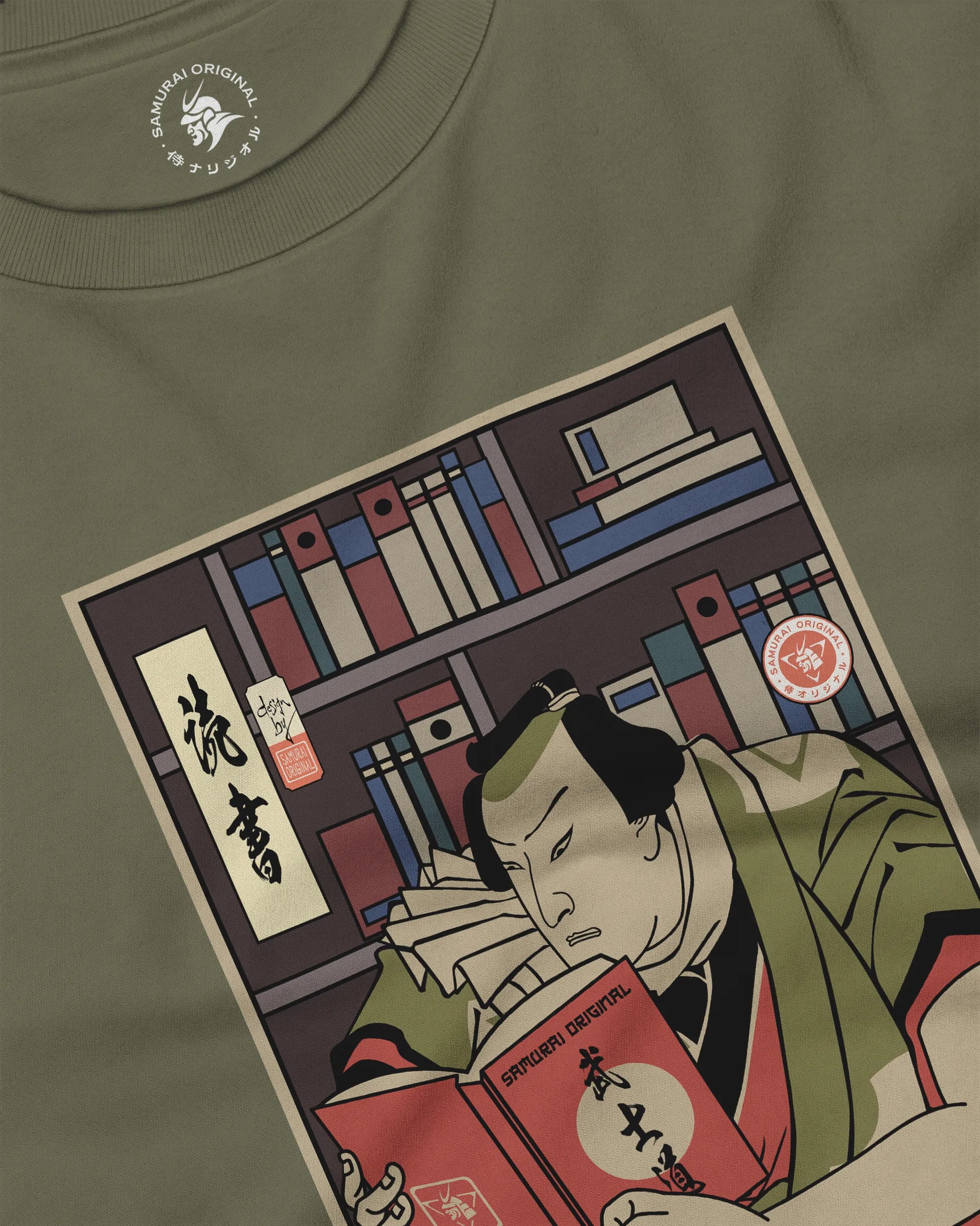 Samurai Reading Books Library Ukiyo-e Unisex Long Sleeve Tee - Samurai Original