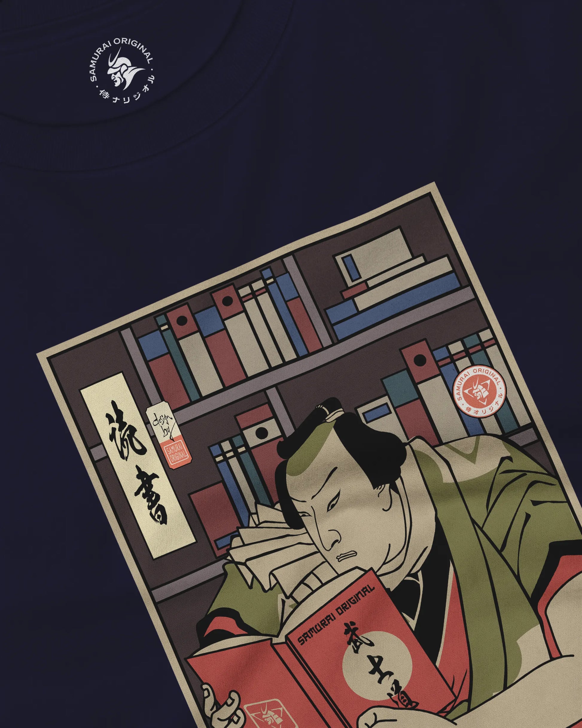 Samurai Reading Books Library Ukiyo-e Unisex Long Sleeve Tee - Samurai Original