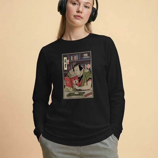 Samurai Reading Books Library Ukiyo-e Unisex Long Sleeve Tee - Samurai Original