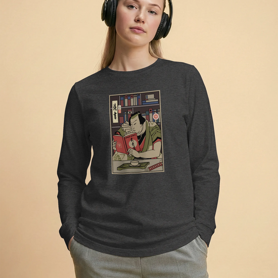 Samurai Reading Books Library Ukiyo-e Unisex Long Sleeve Tee - Samurai Original