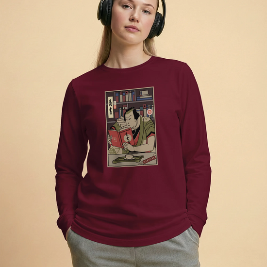 Samurai Reading Books Library Ukiyo-e Unisex Long Sleeve Tee - Samurai Original