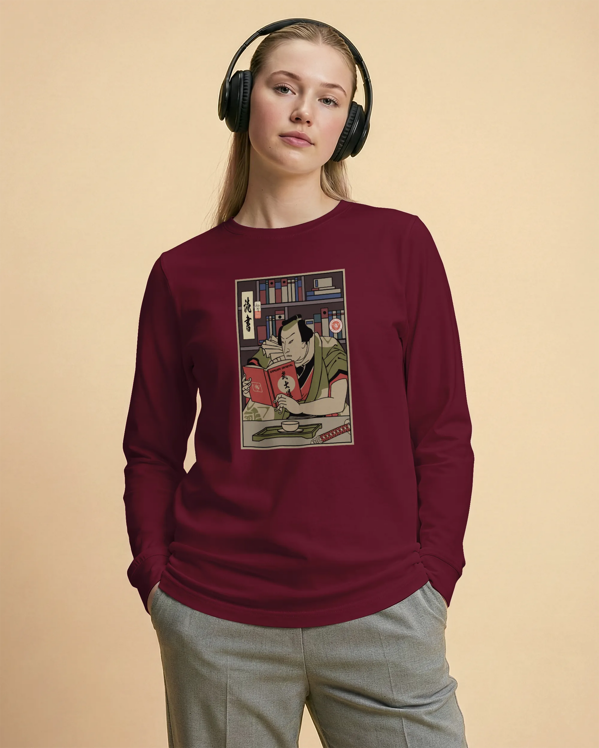 Samurai Reading Books Library Ukiyo-e Unisex Long Sleeve Tee - Samurai Original