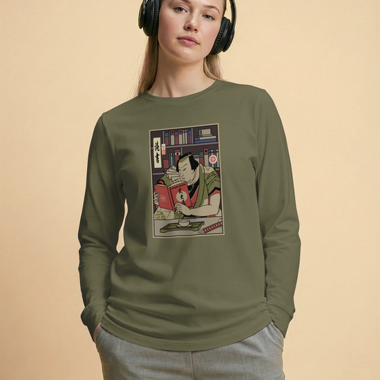 Samurai Reading Books Library Ukiyo-e Unisex Long Sleeve Tee - Samurai Original