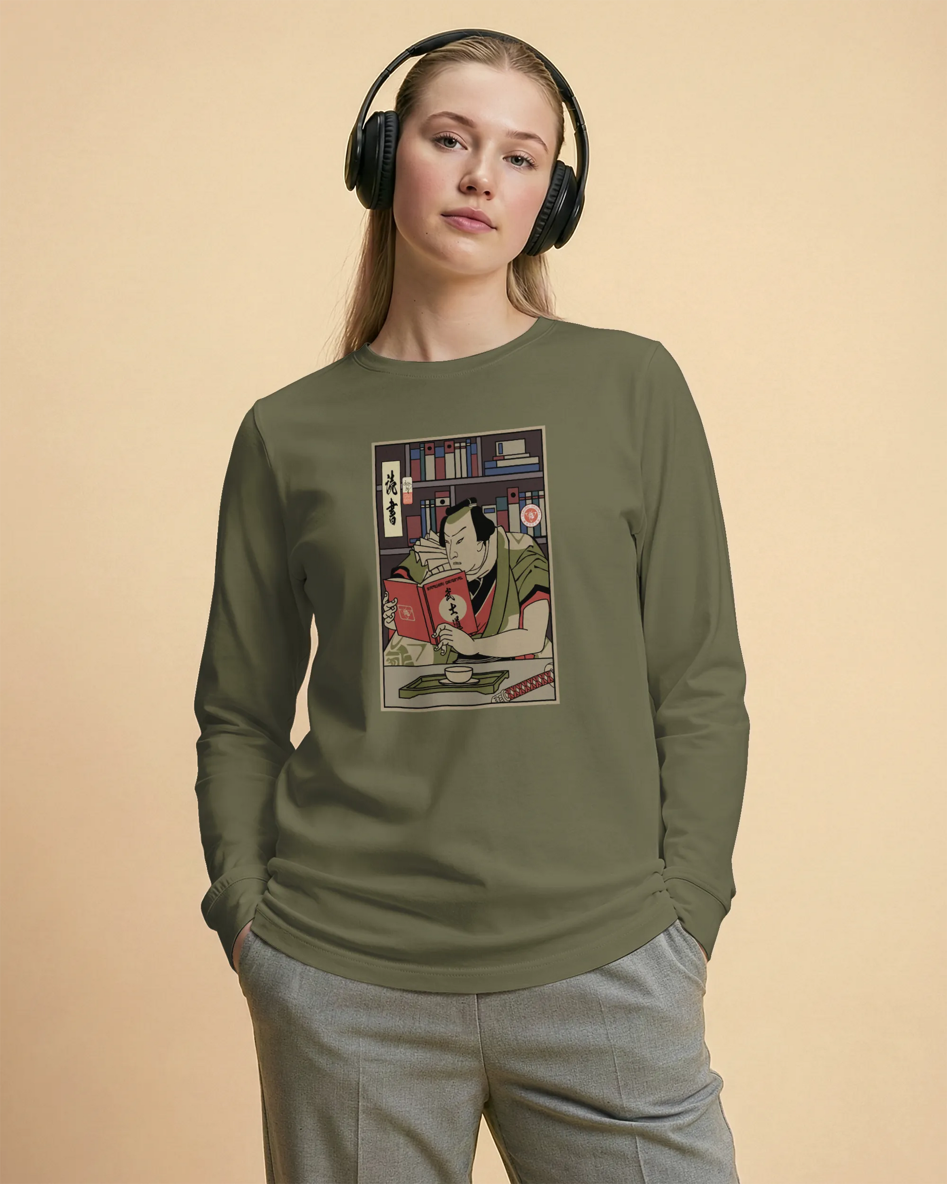 Samurai Reading Books Library Ukiyo-e Unisex Long Sleeve Tee - Samurai Original