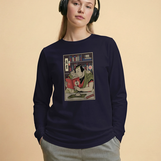 Samurai Reading Books Library Ukiyo-e Unisex Long Sleeve Tee - Samurai Original