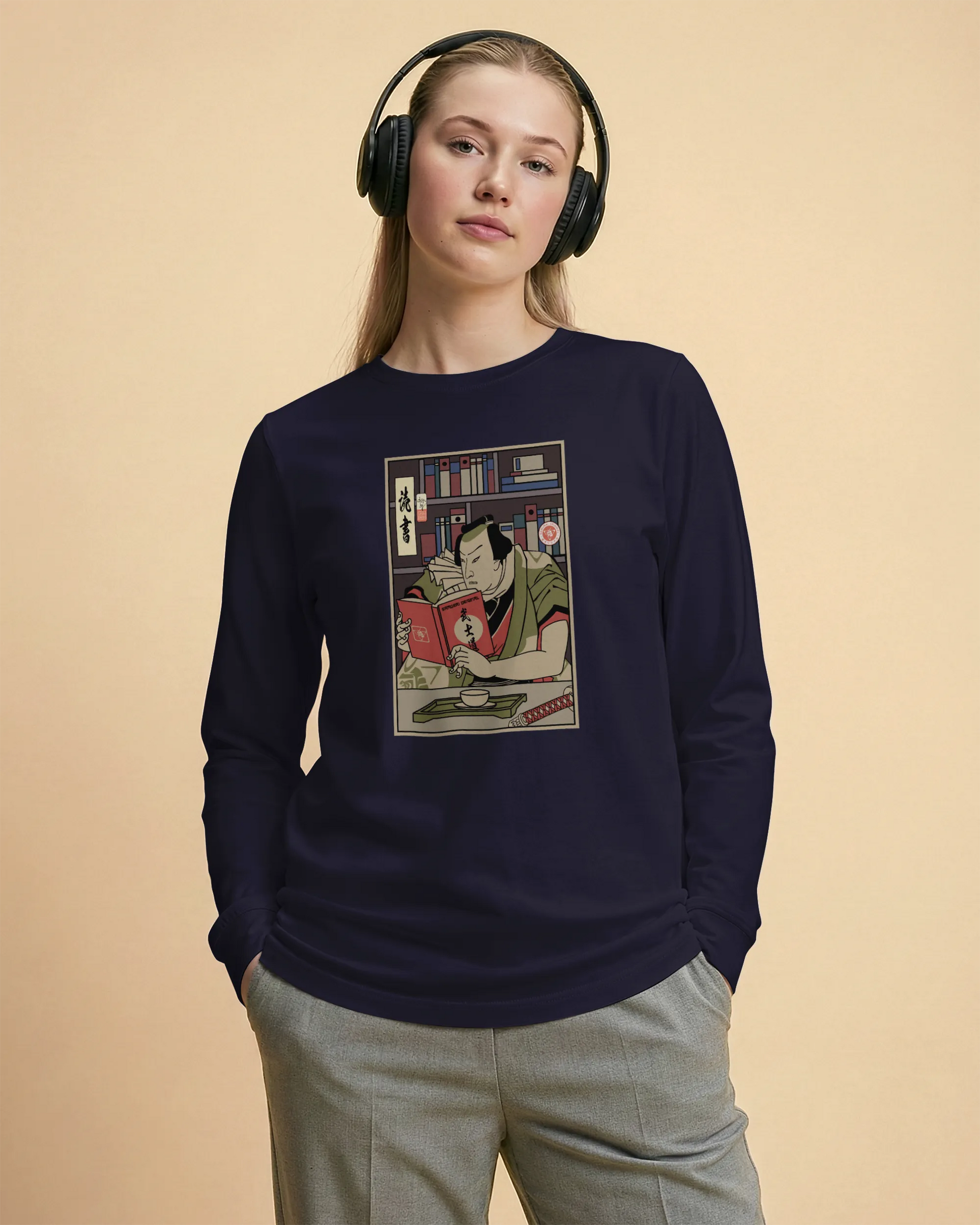 Samurai Reading Books Library Ukiyo-e Unisex Long Sleeve Tee - Samurai Original