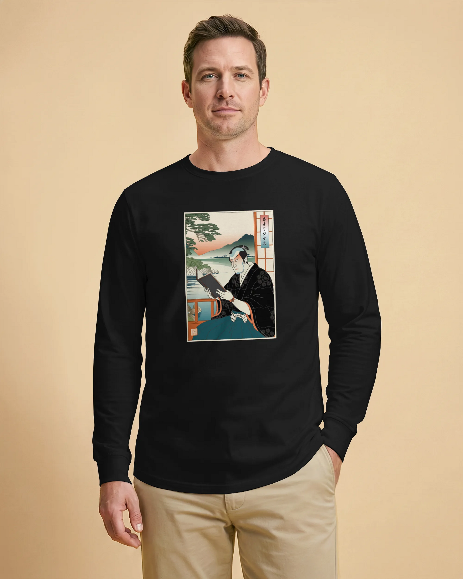 Samurai Reading Books Ukiyo-e Unisex Long Sleeve Tee No.2 - Samurai Original