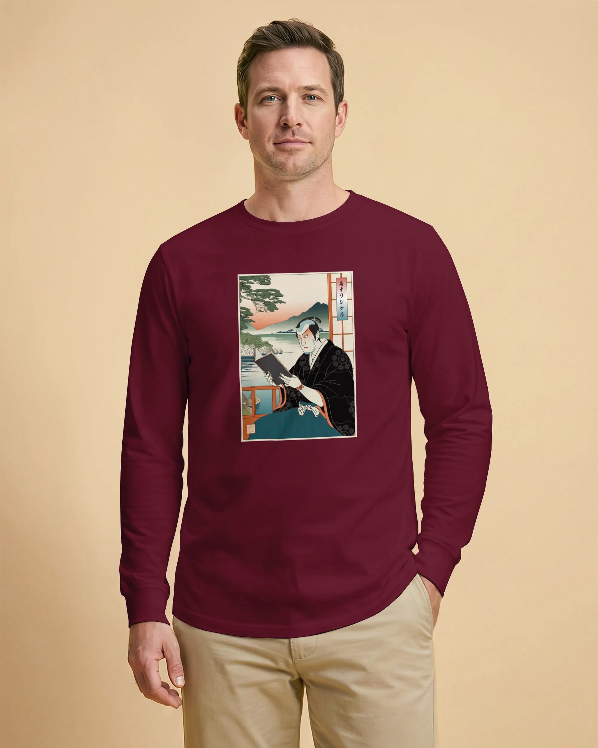 Samurai Reading Books Ukiyo-e Unisex Long Sleeve Tee No.2 - Samurai Original