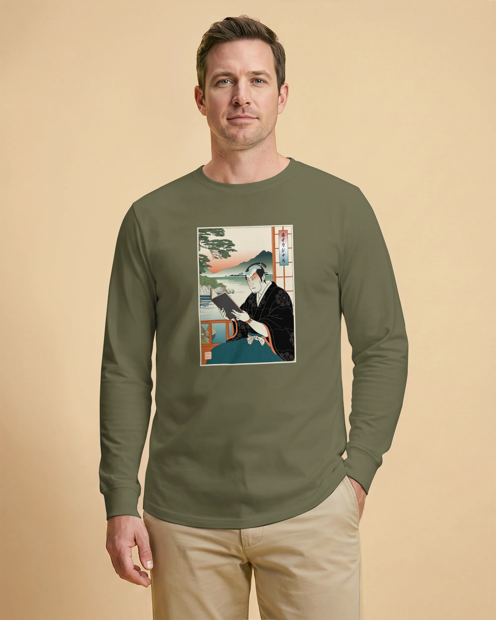 Samurai Reading Books Ukiyo-e Unisex Long Sleeve Tee No.2 - Samurai Original