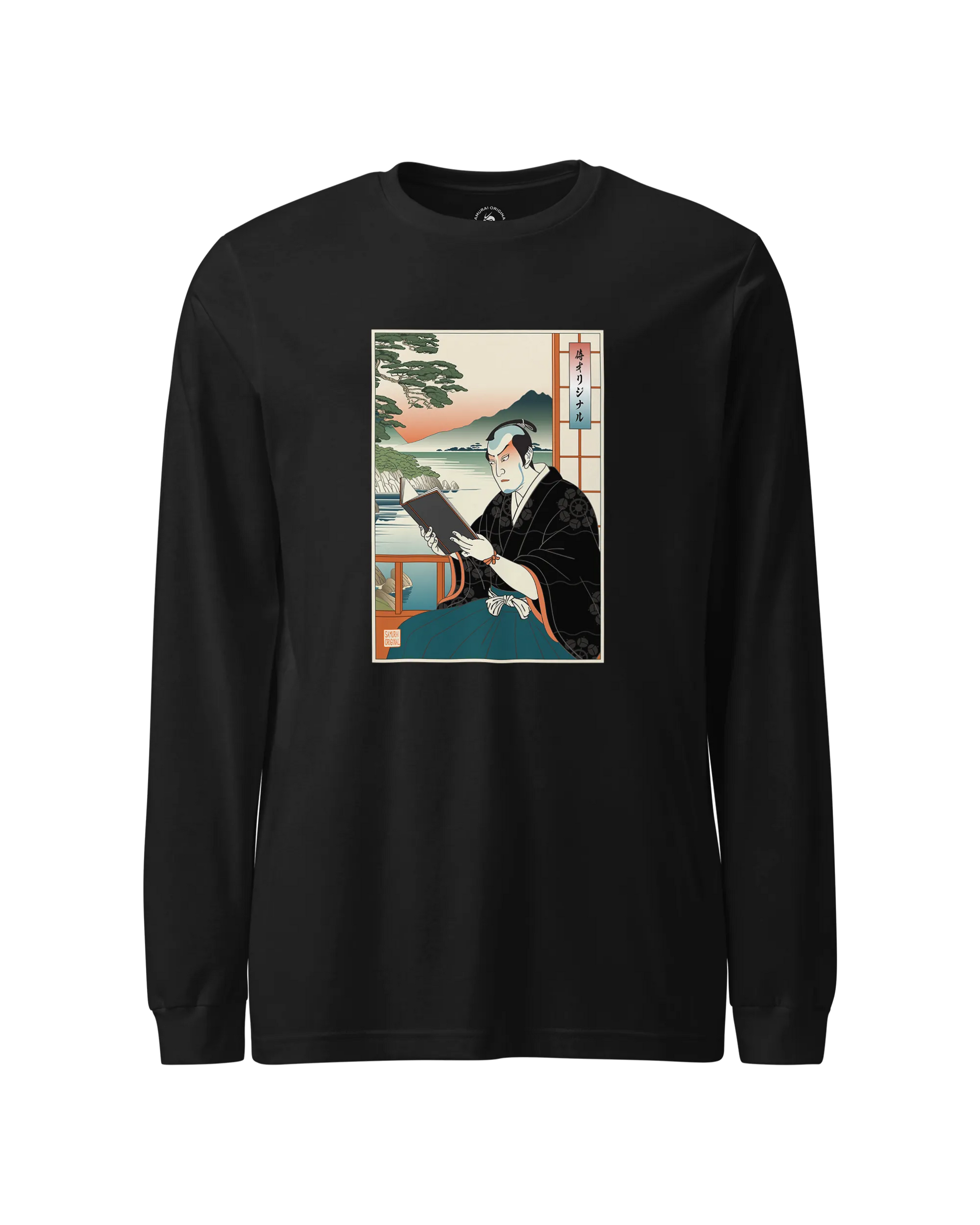 Samurai Reading Books Ukiyo-e Unisex Long Sleeve Tee No.2 Black - Samurai Original