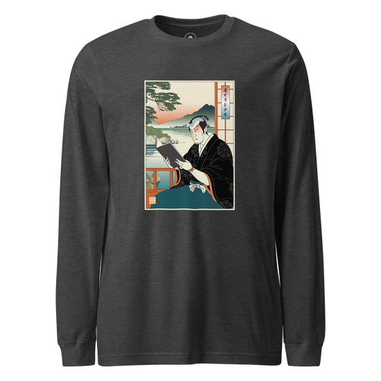Samurai Reading Books Ukiyo-e Unisex Long Sleeve Tee No.2 Dark Grey Heather - Samurai Original