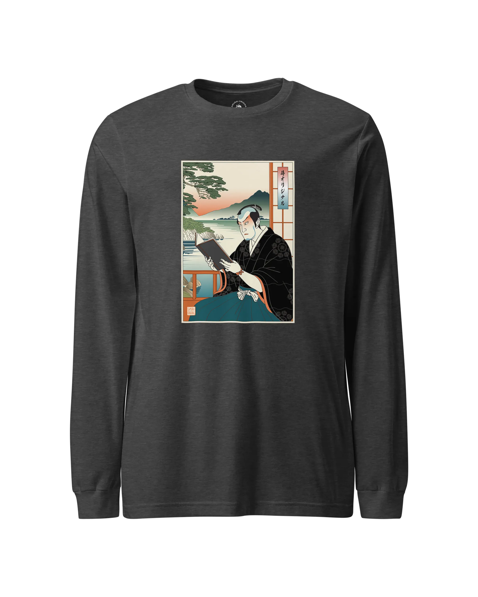 Samurai Reading Books Ukiyo-e Unisex Long Sleeve Tee No.2 Dark Grey Heather - Samurai Original