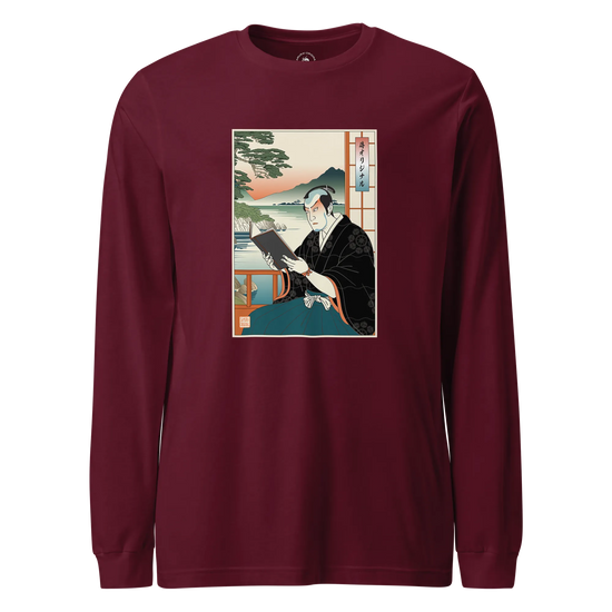 Samurai Reading Books Ukiyo-e Unisex Long Sleeve Tee No.2 Maroon - Samurai Original