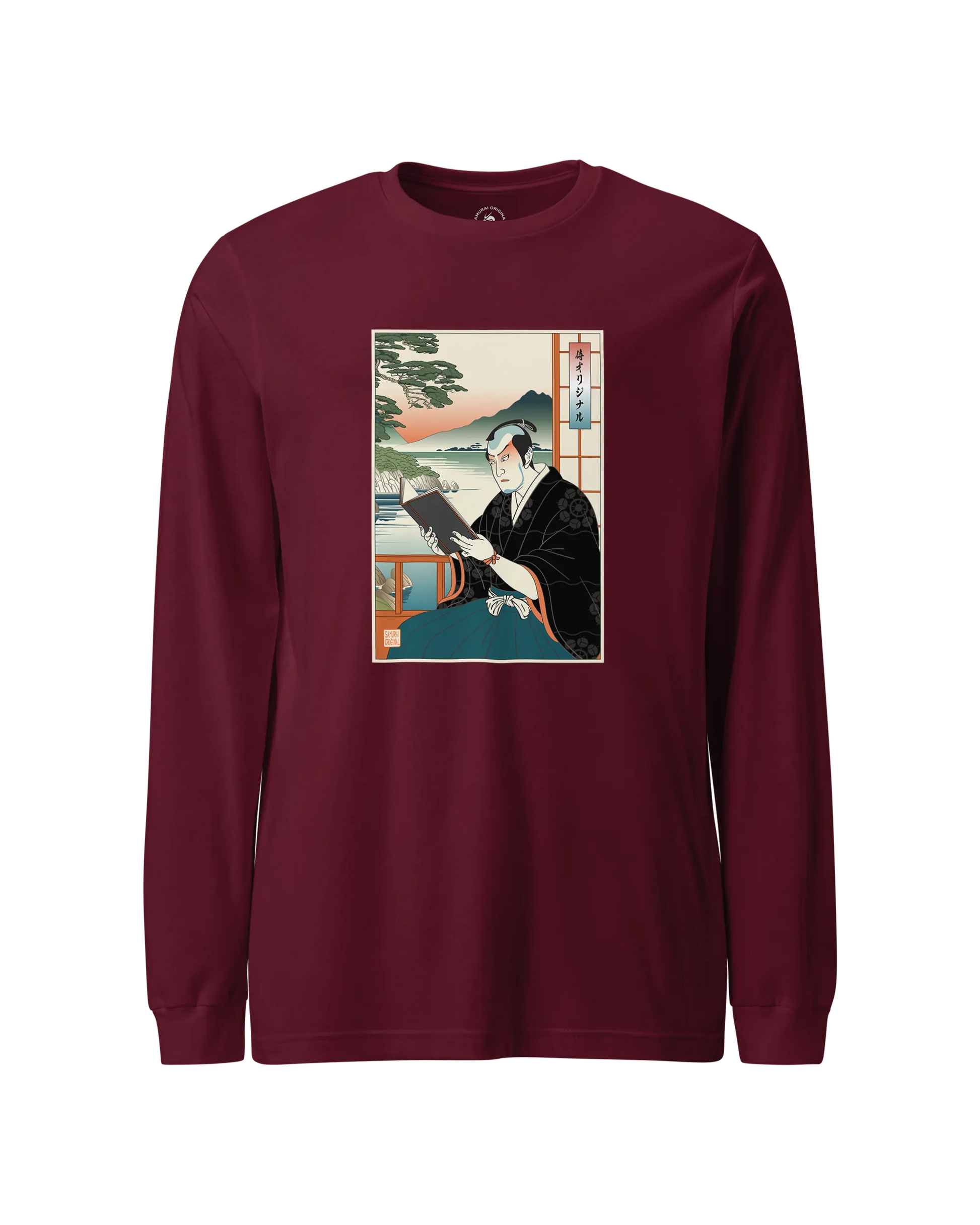 Samurai Reading Books Ukiyo-e Unisex Long Sleeve Tee No.2 Maroon - Samurai Original