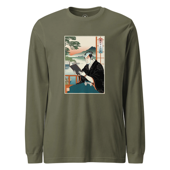 Samurai Reading Books Ukiyo-e Unisex Long Sleeve Tee No.2 Military Green - Samurai Original