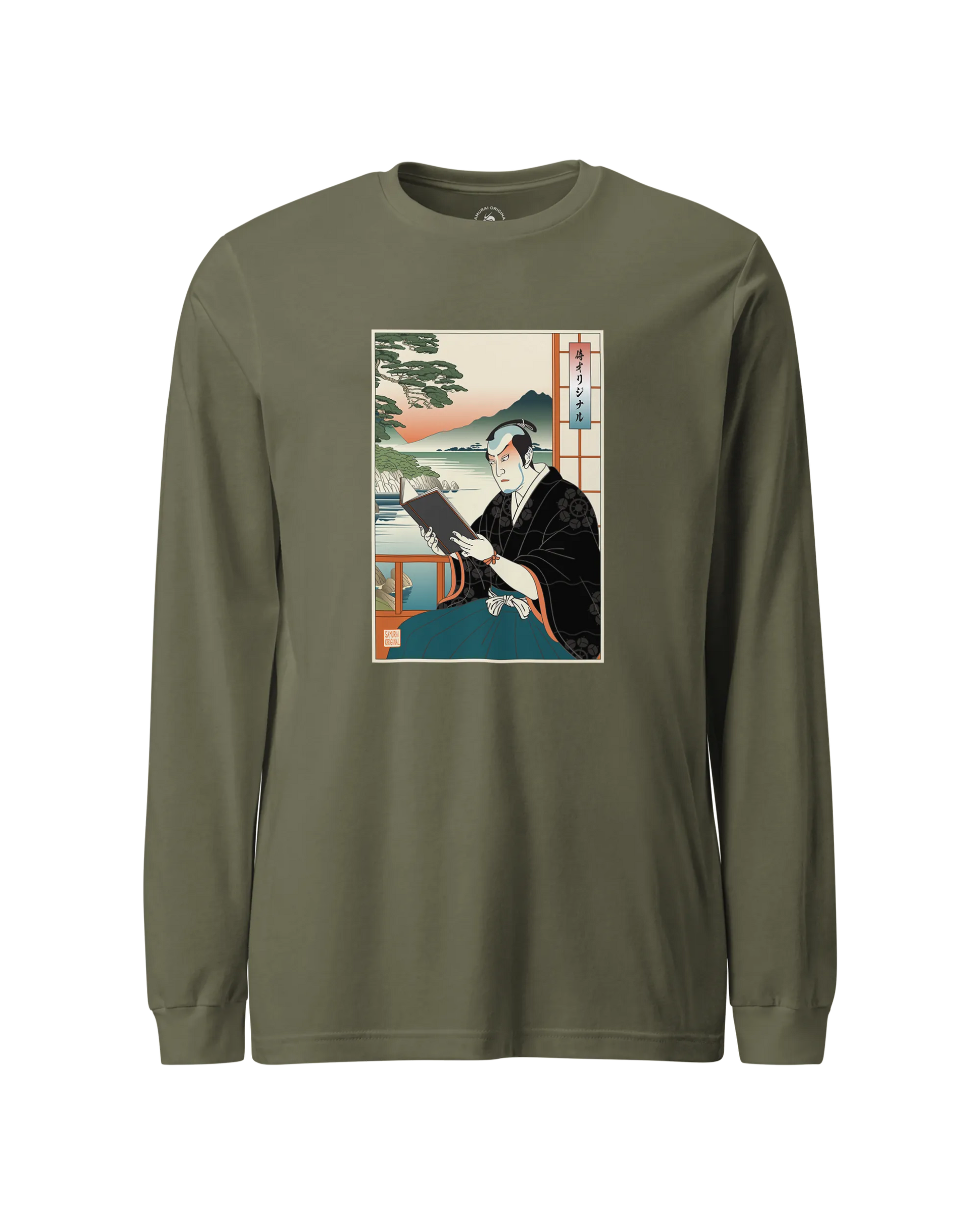 Samurai Reading Books Ukiyo-e Unisex Long Sleeve Tee No.2 Military Green - Samurai Original
